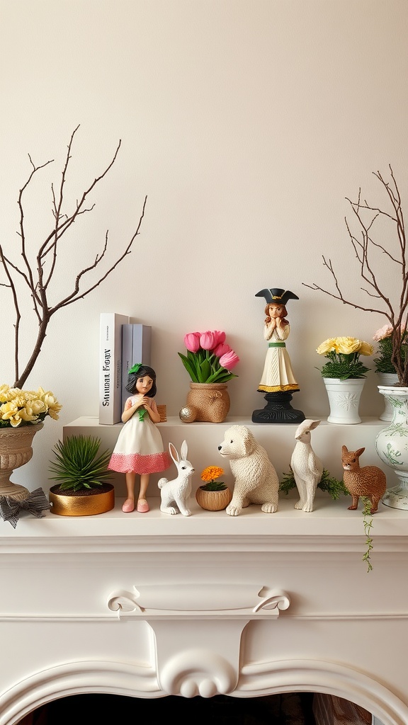 A spring-themed fireplace mantel decor featuring seasonal figurines, flowers, and decorative accents.