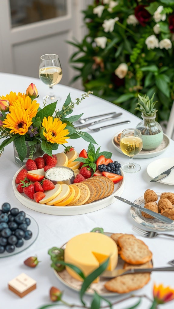 A beautifully arranged spring dinner table featuring a fruit and cheese platter with strawberries, blueberries, cheese, and crackers, decorated with fresh sunflowers.