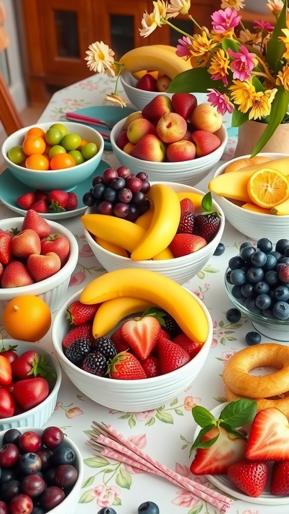 A vibrant spring table decor featuring an assortment of fresh fruits in bowls, complemented by flowers.