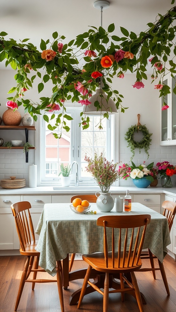 A kitchen with a hanging floral garland over the table, featuring a vase with flowers, oranges, and a homey atmosphere.