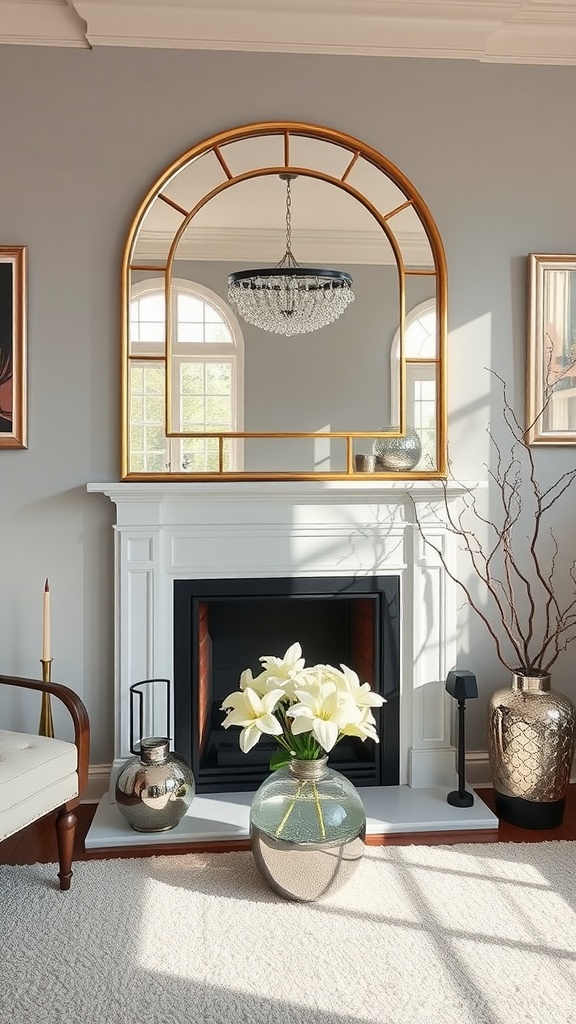 A stylish fireplace decorated with a large arched mirror, metallic vases, and white lilies, showcasing spring decor.