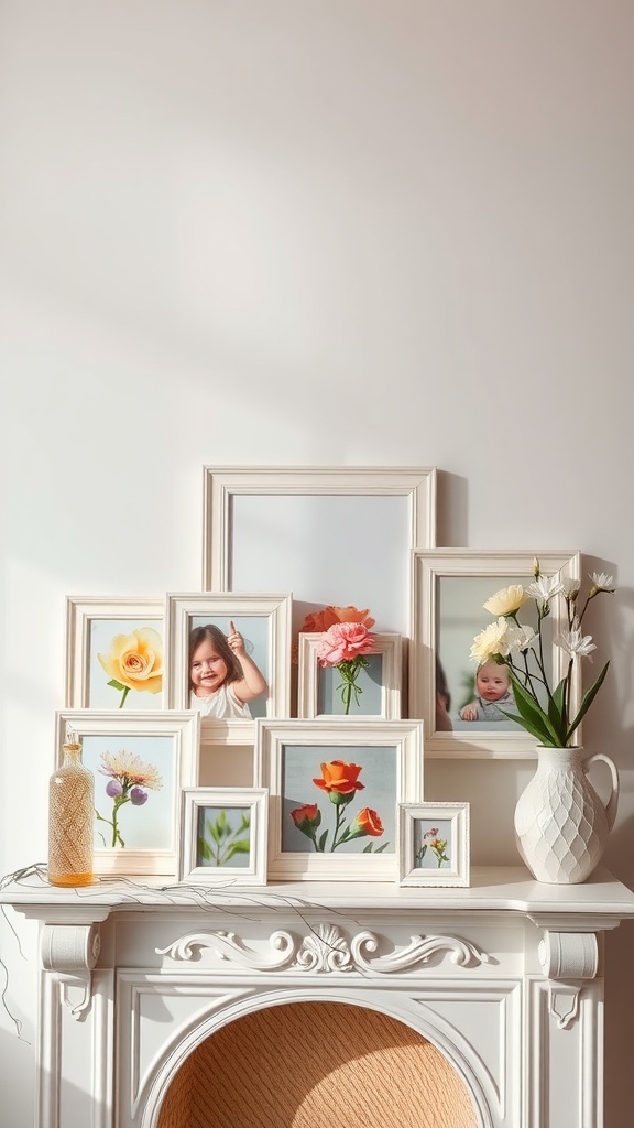 A display of photo frames with floral images and smiling children on a white mantel.