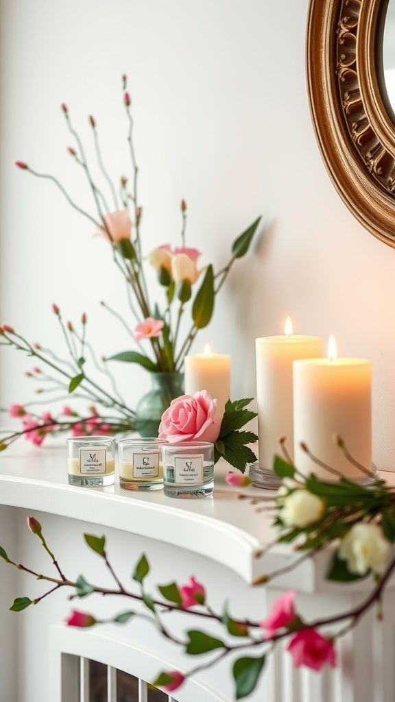 A decorative mantle with white and glass candles, surrounded by flowers in a vase and floral accents.