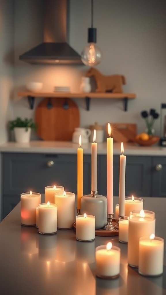 A variety of scented candles on a kitchen island, creating a warm and welcoming atmosphere.