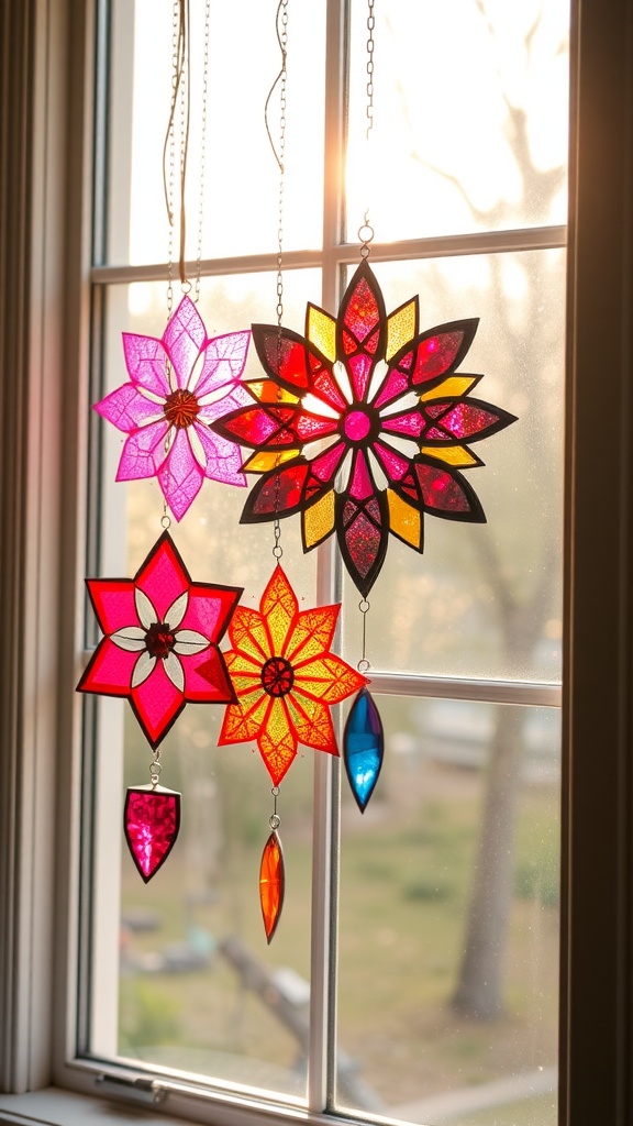 Colorful sun catchers in a window, reflecting light.