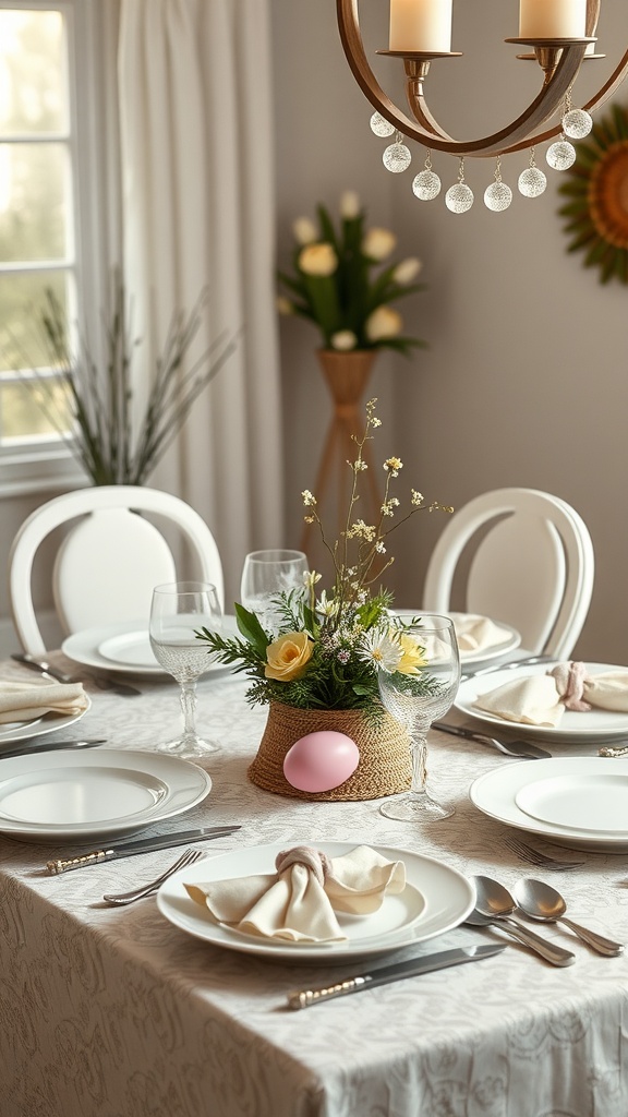 A beautifully set dining table for Easter with white plates, a floral centerpiece, and pink decorative elements.