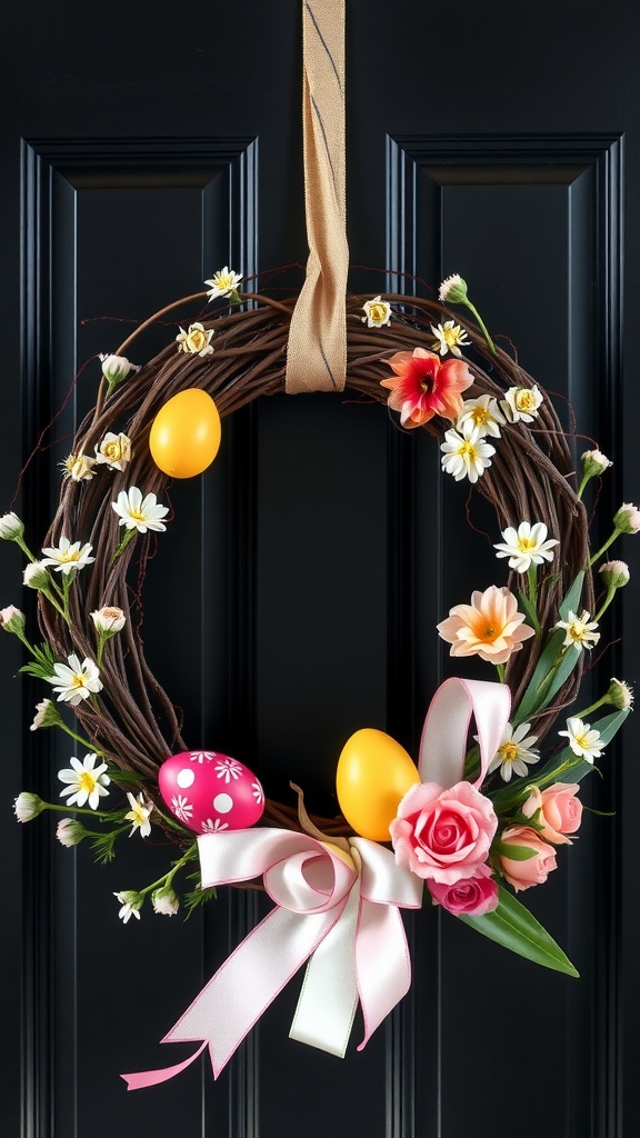 A spring wreath decorated with flowers and Easter eggs, hanging on a black door.