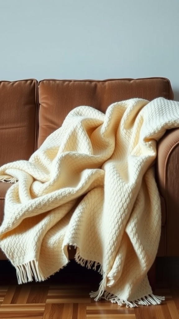 A cream-colored throw blanket draped over a brown couch in a cozy living room setting.