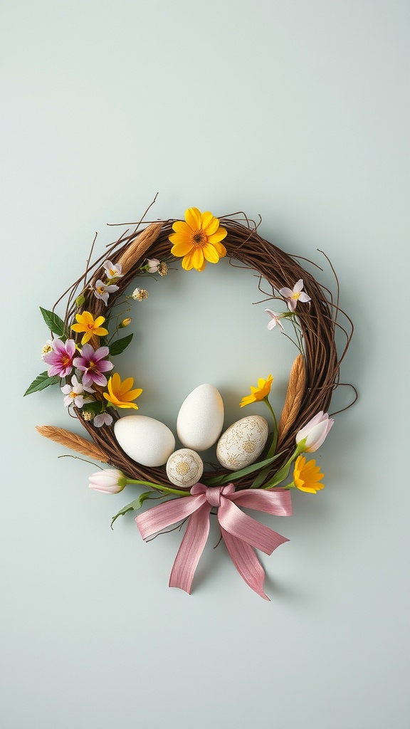 A beautifully arranged Easter wreath featuring flowers, decorative eggs, and a pink ribbon.