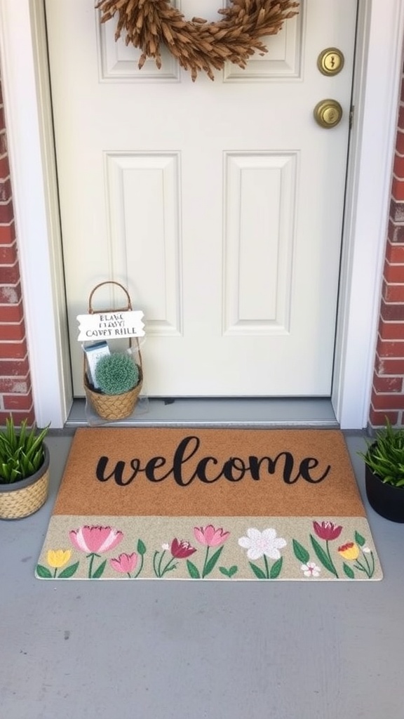 A colorful spring welcome mat with flowers designs, placed at the entrance of a home.