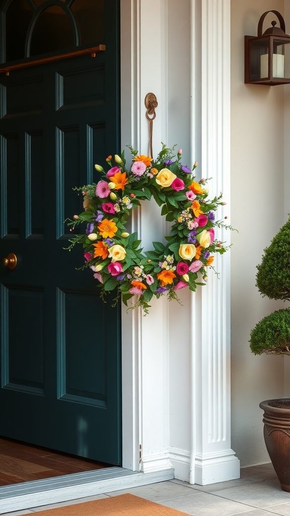 A colorful floral wreath hanging on a door, featuring pink, yellow, and orange flowers, adding a cheerful touch to spring decor.