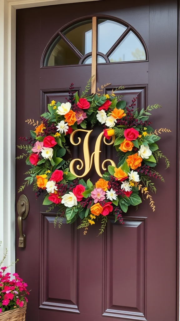 A colorful seasonal wreath with a monogram hanging on a front door.