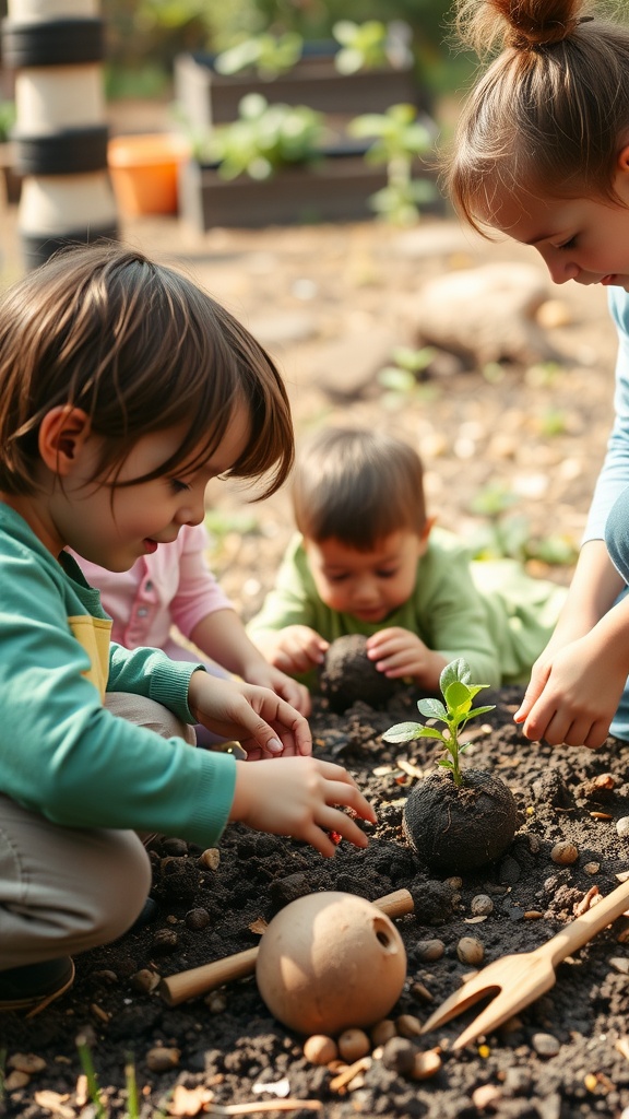 Children creating seed bombs in a garden.