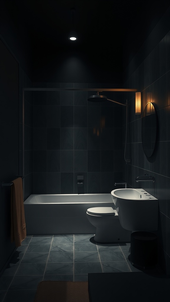 A dark bathroom featuring a bathtub, toilet, and warm lighting.