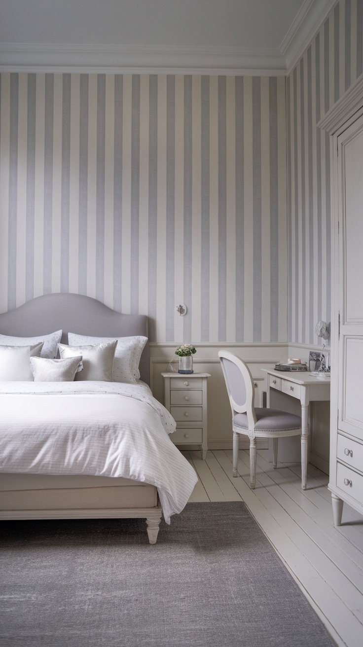 A shabby chic bedroom with gray striped wallpaper, a cozy bed, and minimalistic furniture.