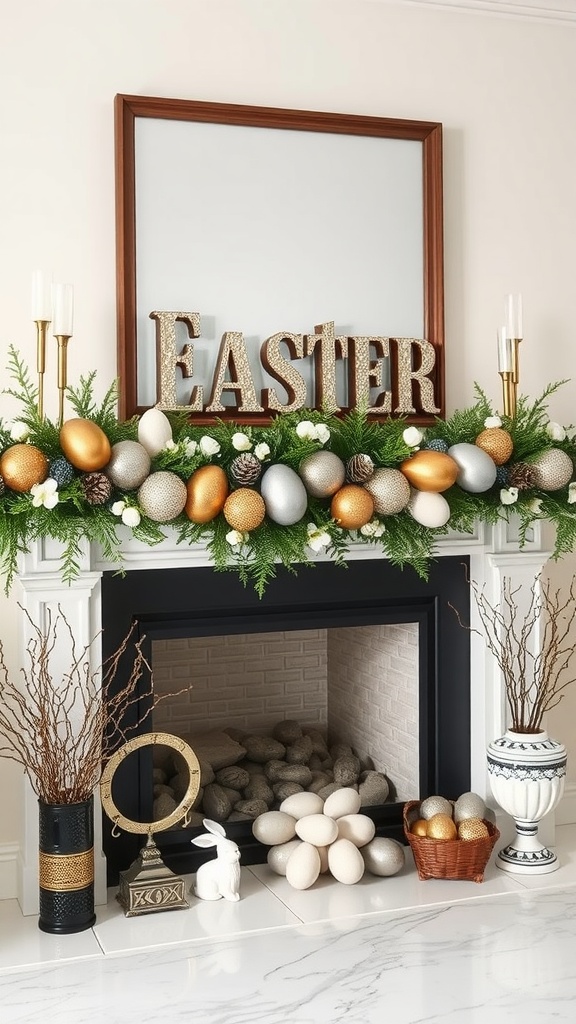 Easter garland on mantel featuring metallic eggs and a decorative sign