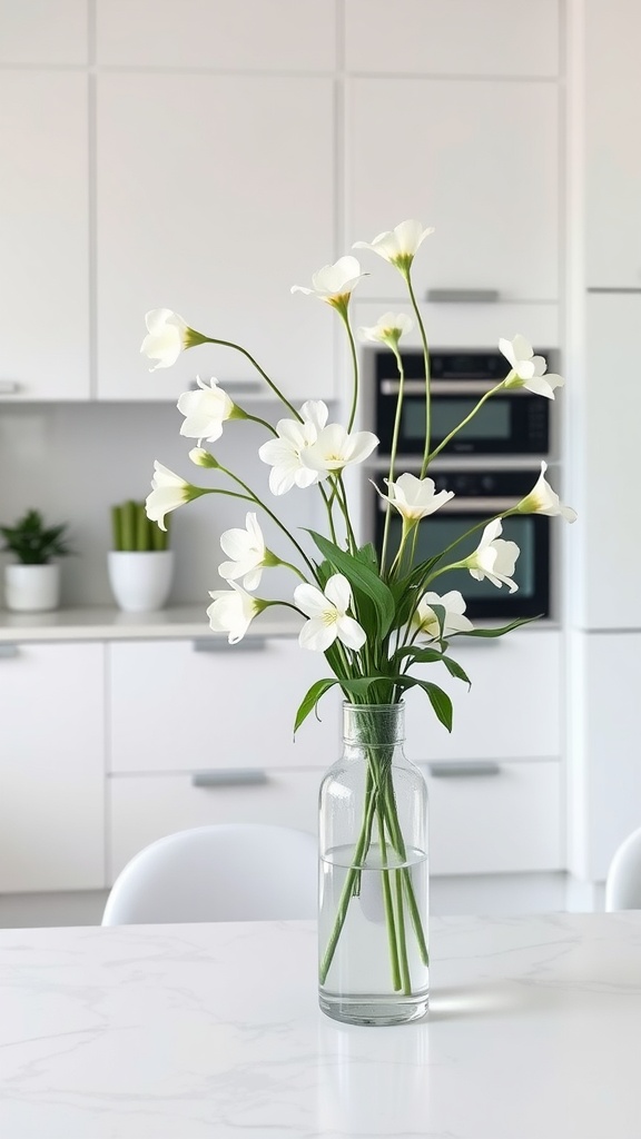 A simple white floral arrangement in a clear glass vase on a kitchen table.