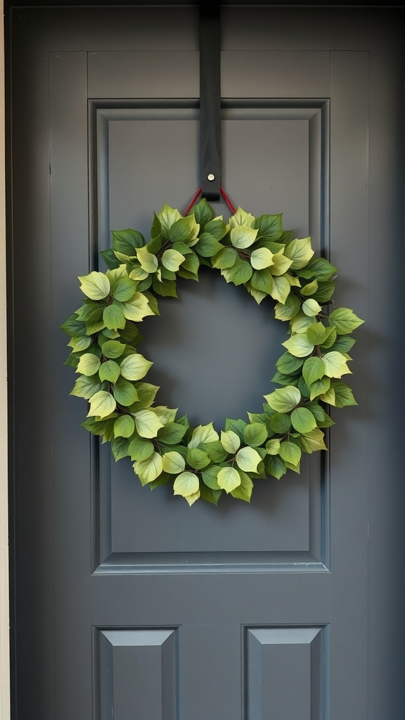 A simplistic greenery wreath hanging on a dark door.