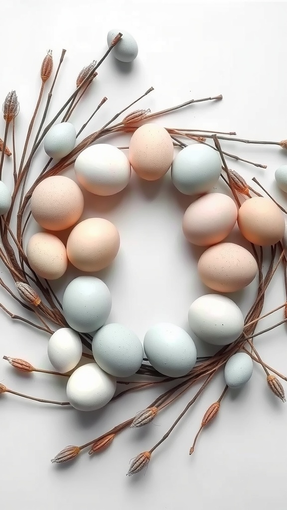 A pastel-colored egg wreath made from blue and peach eggs arranged on a natural twig base.