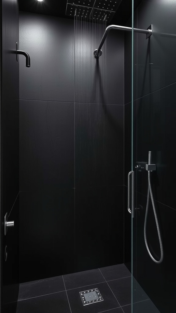 A sleek black shower with dark tiles and glass doors