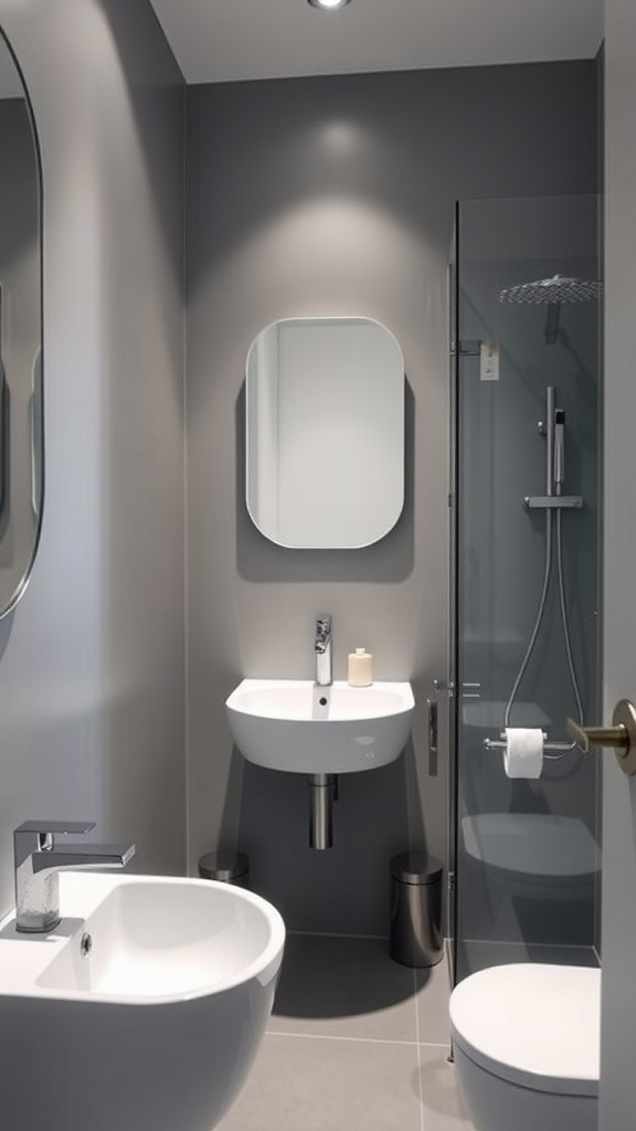 A small, modern bathroom featuring sleek fixtures including a wall-mounted sink, rounded mirror, glass shower, and minimalist decor.