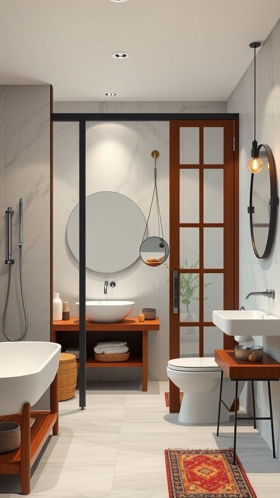 A modern bathroom featuring a sliding door with wooden frame and glass panels.