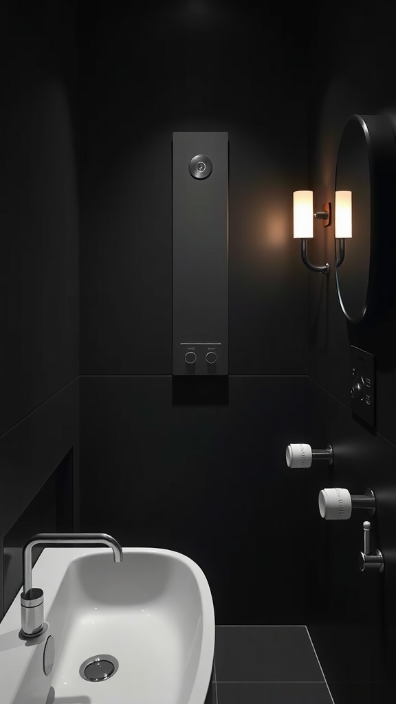 A small dark bathroom featuring modern fixtures and smart technology.