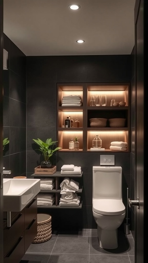 A modern dark bathroom featuring smart storage solutions with shelves above the toilet, neatly arranged towels, and a potted plant.