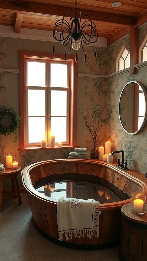 A serene bathroom featuring a wooden soaking tub surrounded by candles and natural decor.