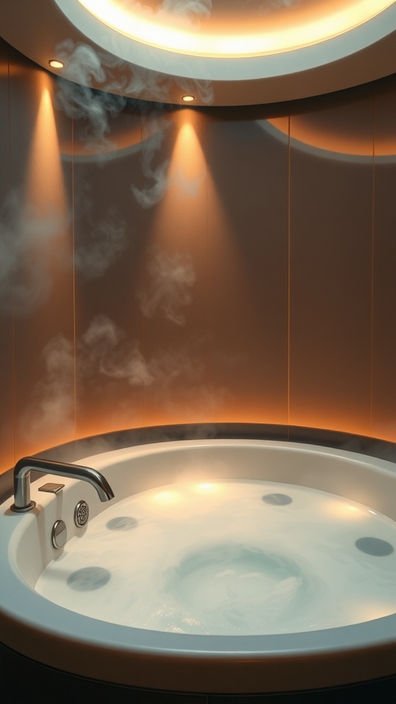 A cozy soaking tub surrounded by soft, ambient lighting with steam rising from the warm water.