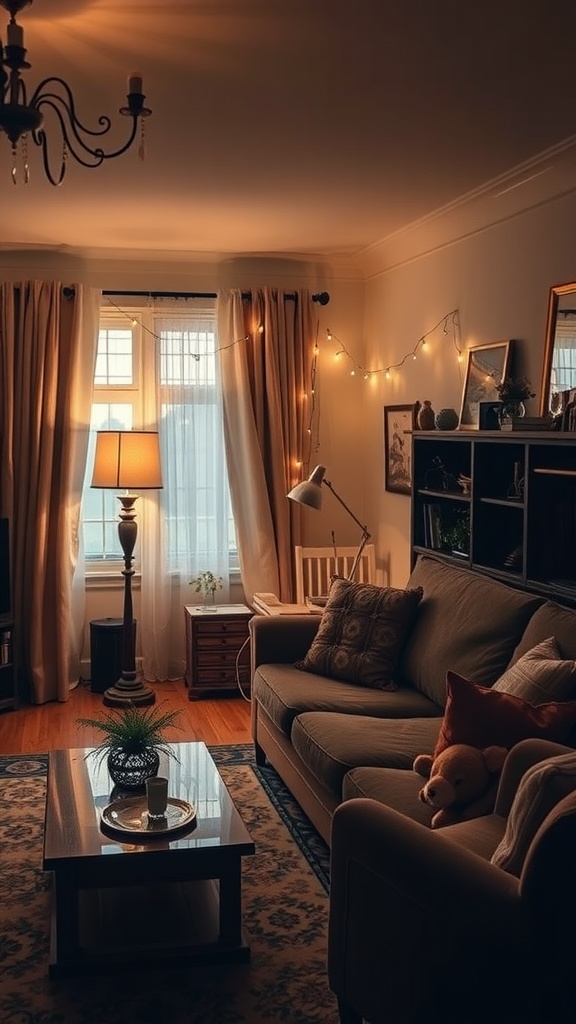 A cozy living room with soft ambient lighting, featuring warm lamps, fairy lights, and a comfortable sofa.