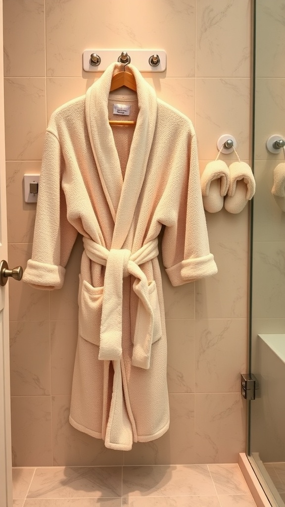 A soft cream bathrobe hanging on a wall with matching slippers beside it in a warm bathroom setting.