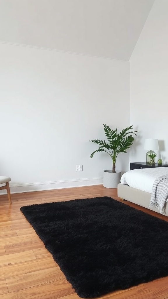 A cozy bedroom featuring a soft black area rug on wooden flooring, with a plant and simple decor.