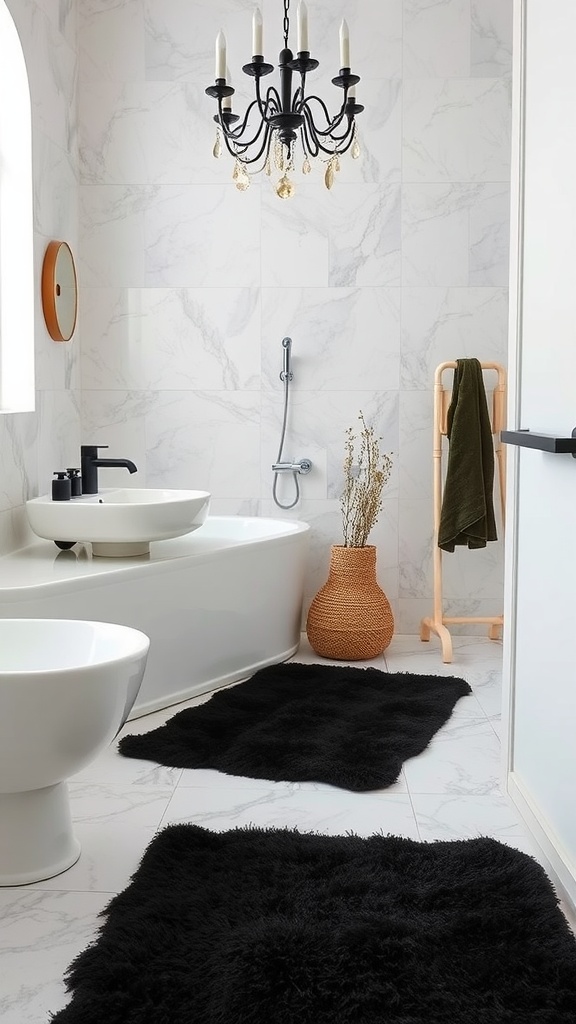 A stylish bathroom featuring soft black rugs on a marble floor, with a chandelier and modern fixtures.