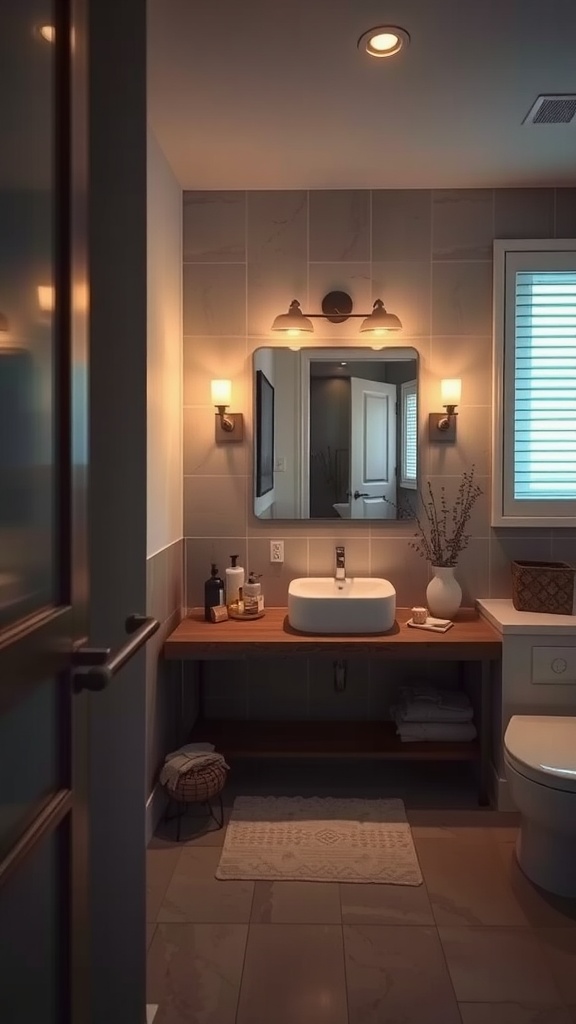 A warm and inviting bathroom with soft lighting, featuring a wooden countertop, a round sink, and decorative elements.