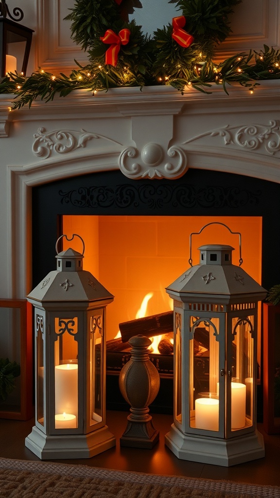 Decorative lanterns with candles next to a fireplace, surrounded by greenery and soft lighting