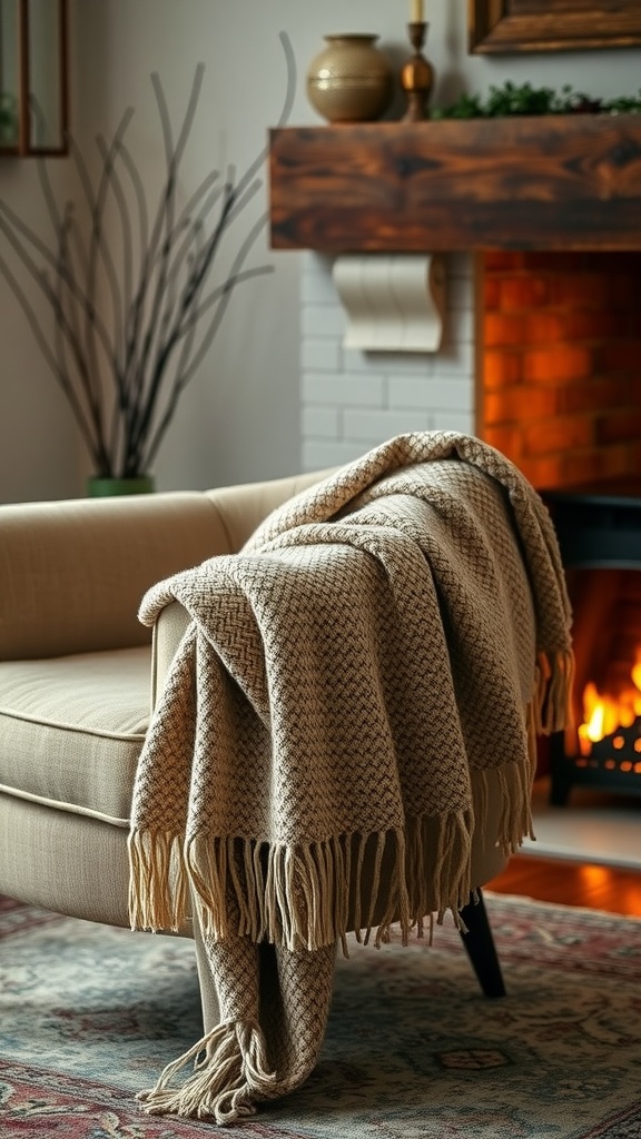 A cozy beige throw blanket draped over a chair in front of a fireplace, creating a warm and inviting atmosphere.