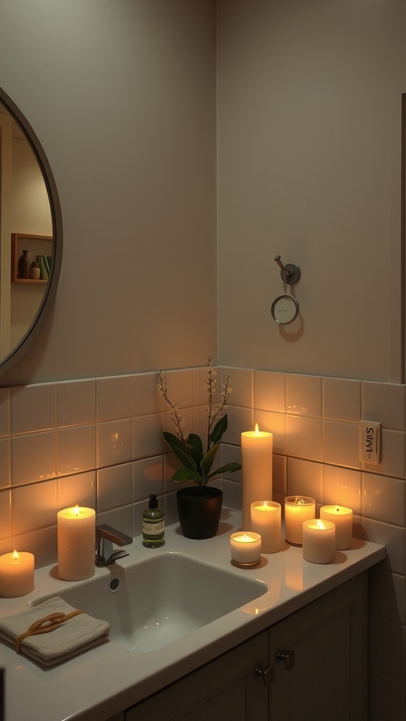 A warm bathroom scene with various candles arranged on the countertop, creating a soothing ambiance.