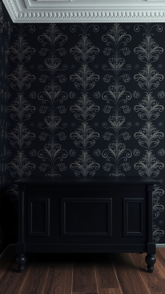 Sophisticated black wallpaper with floral motifs in a stylish bedroom