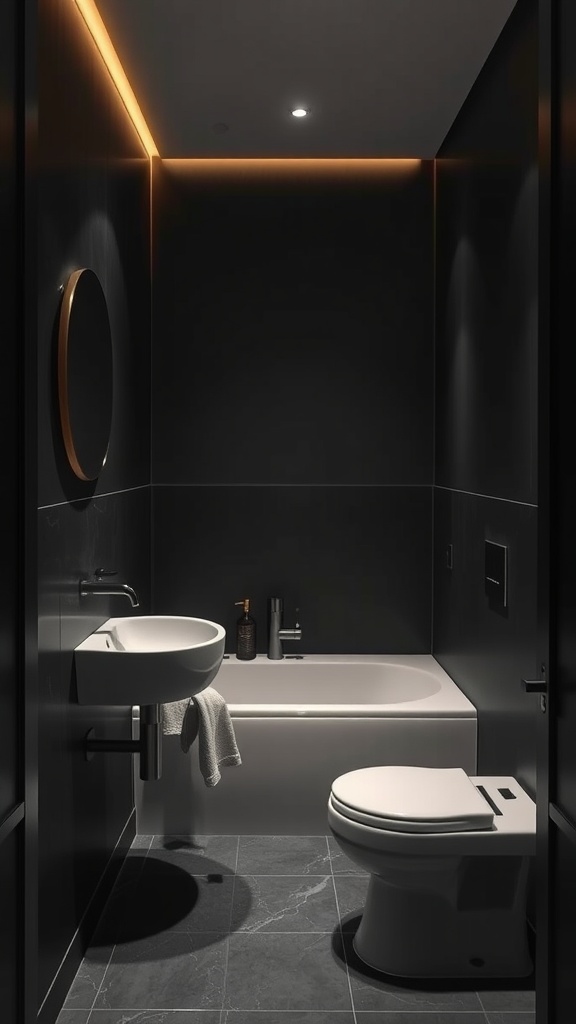 A small dark bathroom featuring black walls, a white sink and bathtub, and warm ceiling lighting.