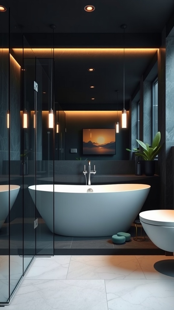 A sophisticated dark bathroom featuring a freestanding white bathtub, dark glass walls, and warm lighting.