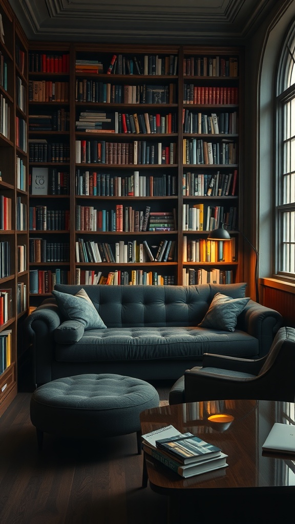 A cozy library corner featuring a dark gray couch, bookshelves filled with books, a stylish lamp, and a round ottoman.