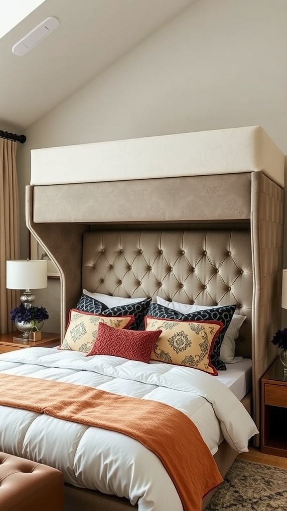 Stylish loft bed with upholstered headboard, featuring a cozy bedding arrangement and decorative pillows.