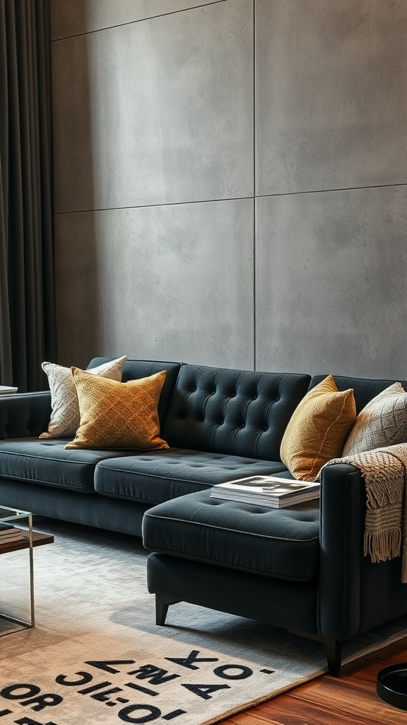 Living room featuring a dark gray couch with warm yellow pillows and a knitted throw blanket.