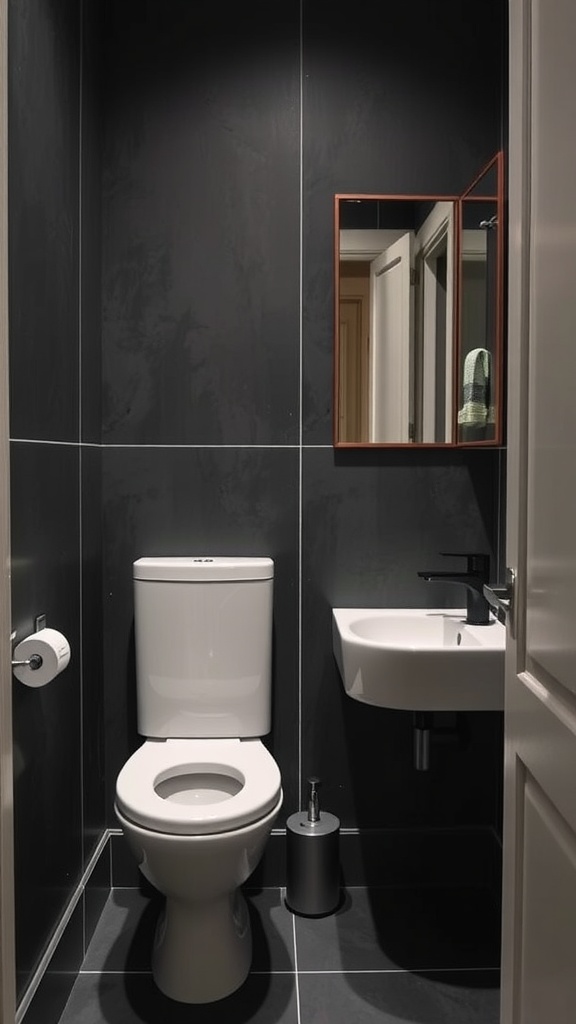 A compact bathroom featuring a wall-mounted sink and a modern toilet, with dark textured walls and a mirror.