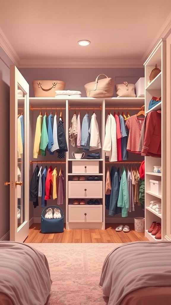 A spacious walk-in closet with colorful clothes, bags, and shoes neatly organized.