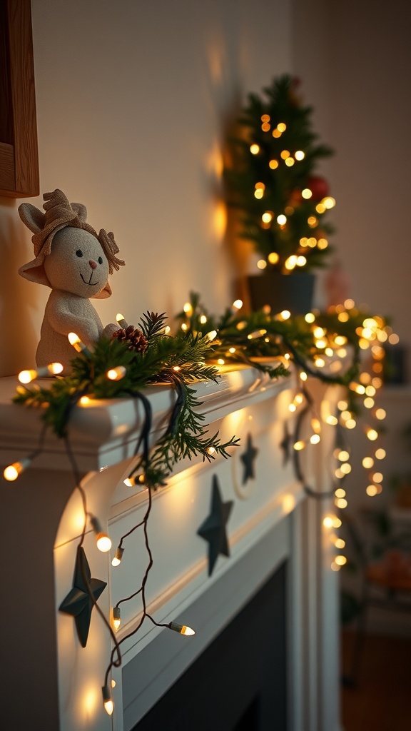 Cozy fireplace mantel decorated with fairy lights and greenery for Easter