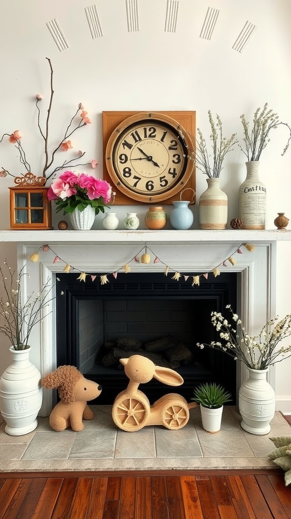 A spring-themed fireplace decor featuring vintage items, colorful vases, flowers, and playful wooden animal figures.