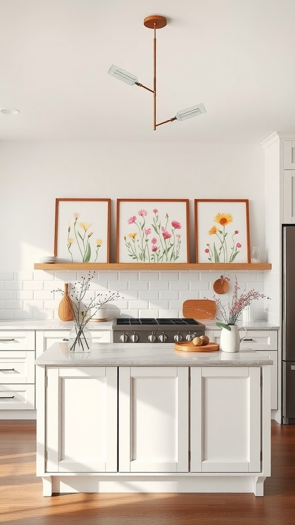 A bright kitchen with spring-inspired floral wall art above a white island