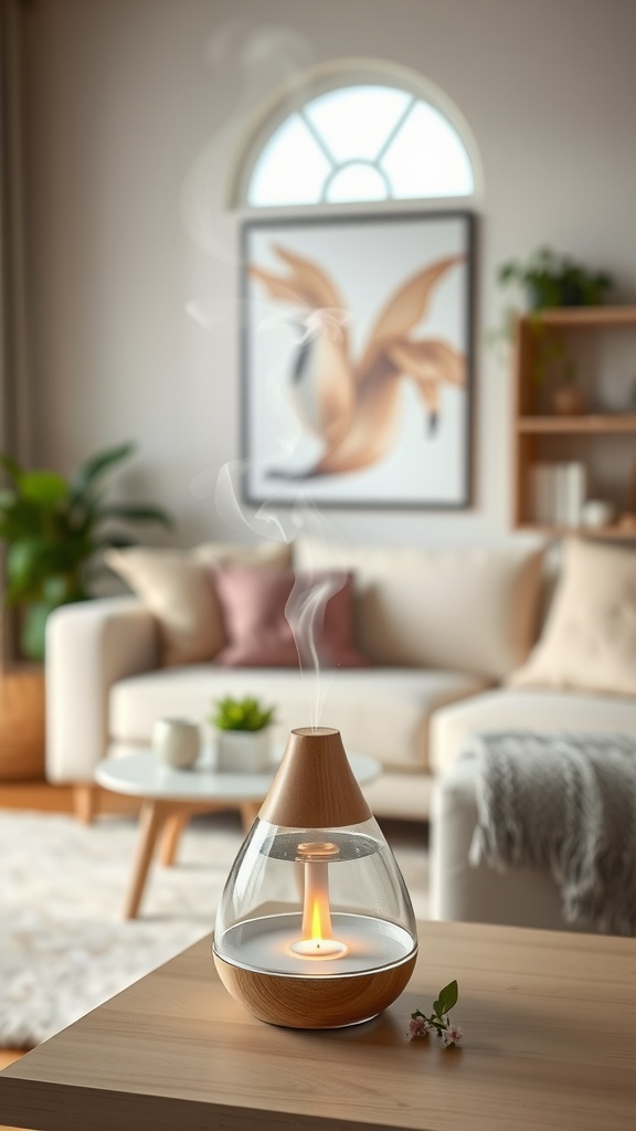 A stylish diffuser releasing fragrant smoke in a cozy living room setting.